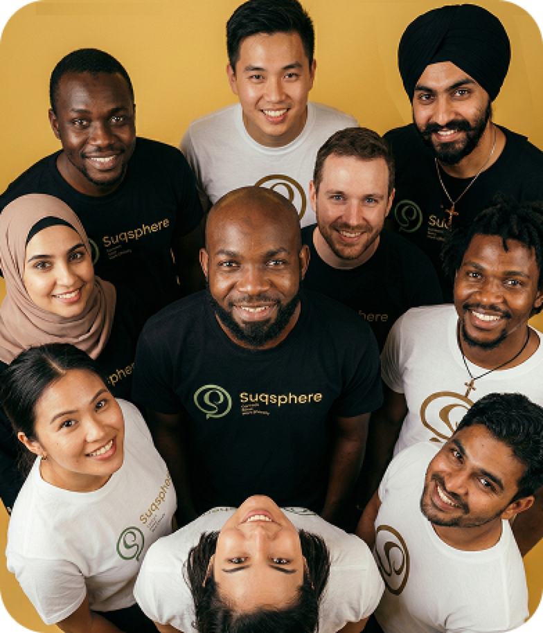 SuqSphere team — diverse members in branded shirts: Connect. Grow. Work Ethically.